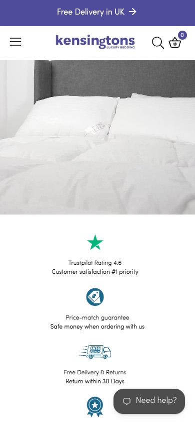 Kensingtons Bedding — Mobile storefront with trust badges