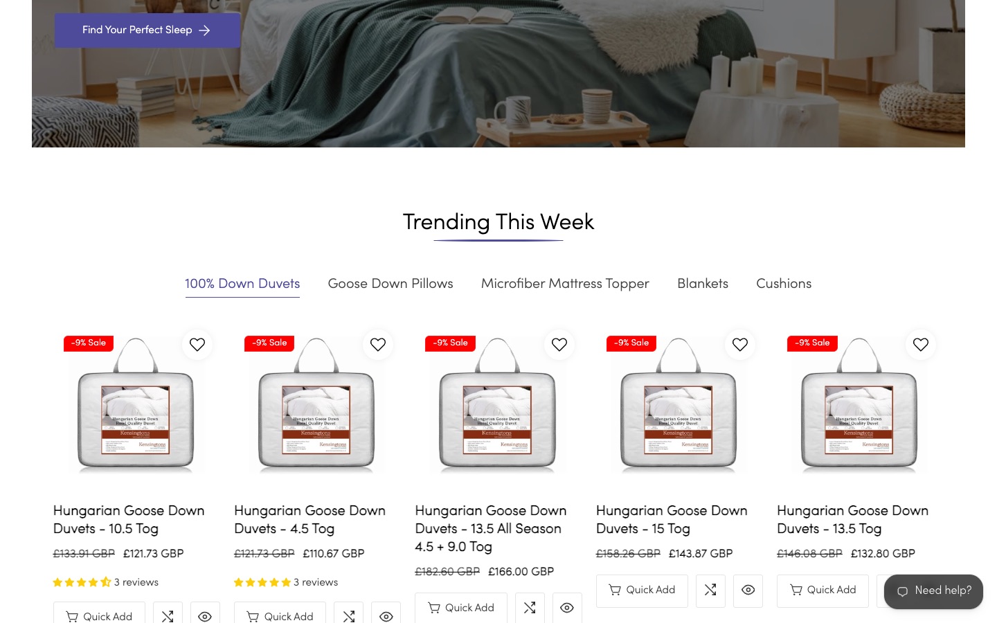 Kensingtons Bedding — “Trending This Week” product carousel