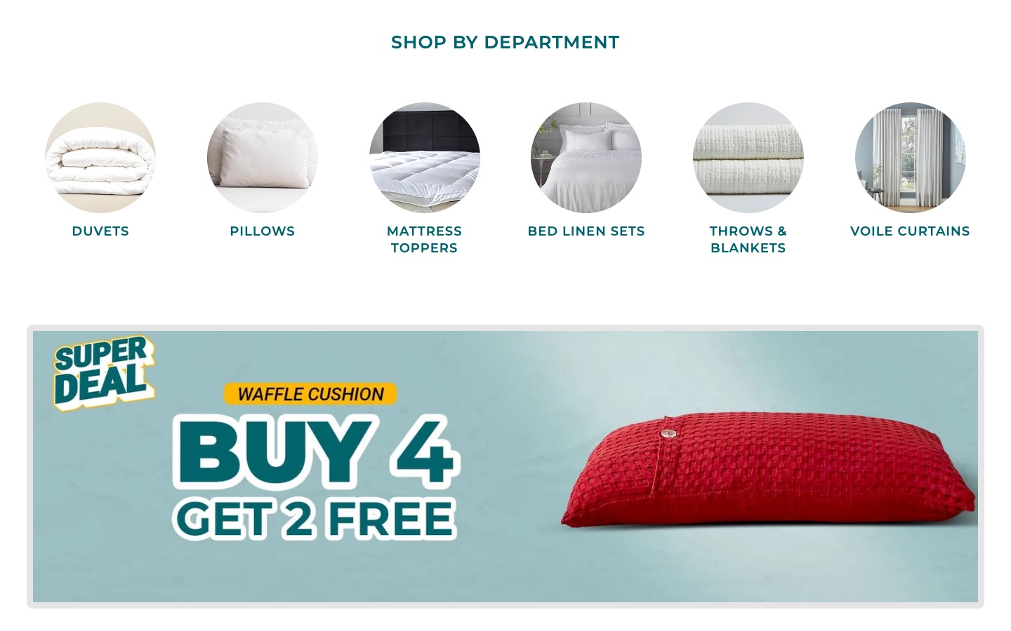 Raymat Textiles — Shop by department and promo banner